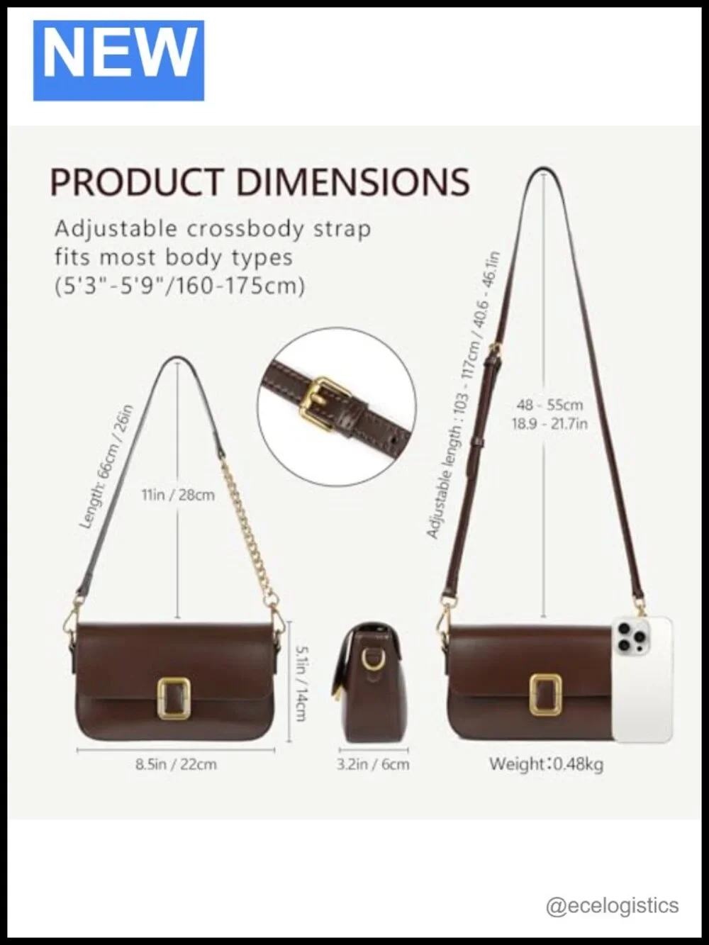Genuine Leather Crossbody Bag with Adjustable Strap & Gold Chain